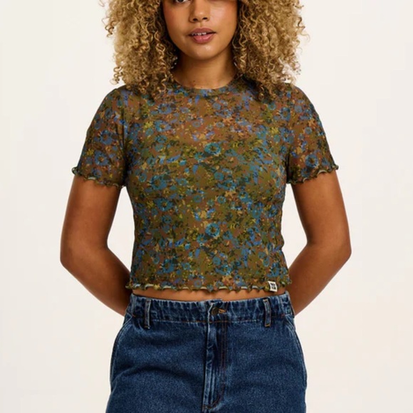 Lucy & Yak Short Sleeve Sheer multicam camo Top Women's S Blue Green - Picture 1 of 5